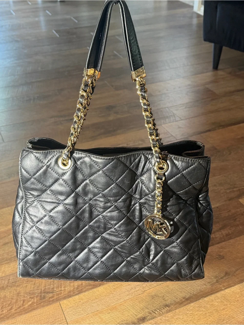 Michael Kors Black Quilted Leather Chain Tote Shoulder Bag Large